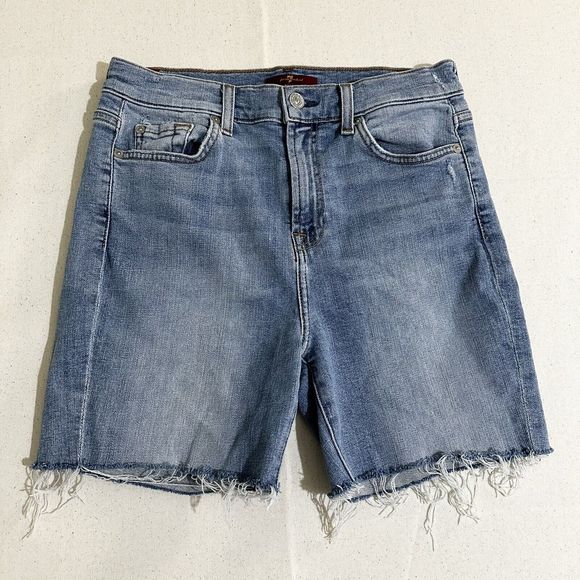 Women's 7 For All Mankind Raw Hem The Bermuda Size 28 Shorts Blue - Picture 1 of 8